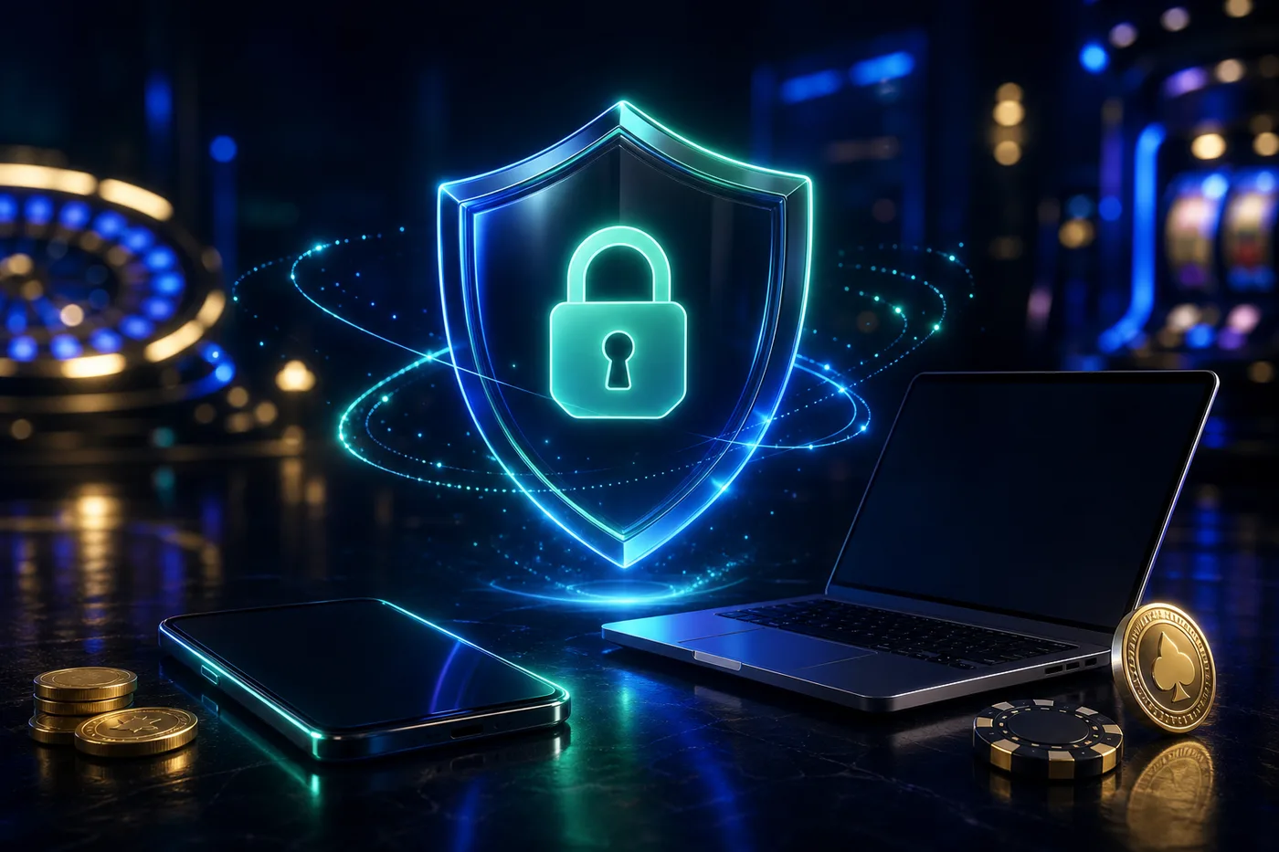 Escudo de protección de datos sobre un teléfono y un portátil